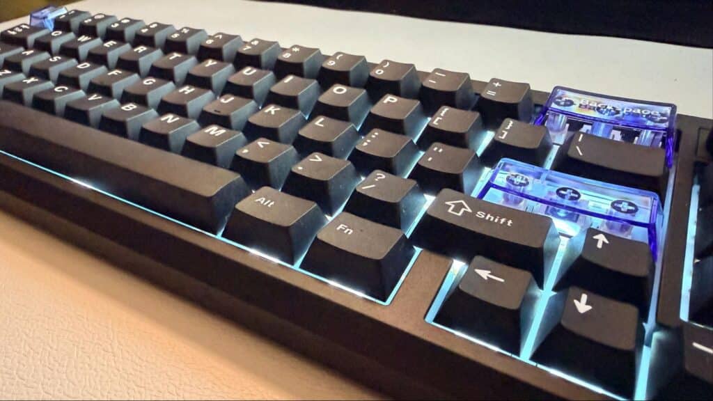 Close-up of the EPOMAKER Magcore65 Lite 65% keyboard layout showing compact key placement, backlit keys, and ergonomic spacing suitable for work and gaming.