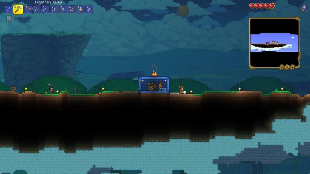 A small floating base appears over water in Terraria 1.4.5 showcasing a skyblock inspired world setup.