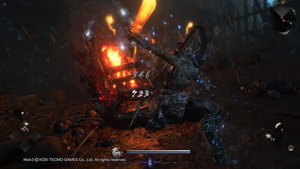 奥川竹千代は、火と雨の中で敵に強力な侍スタイルの攻撃を放ち、仁王 3 のインパクトのある戦闘と滑らかなアニメーションを実演します。