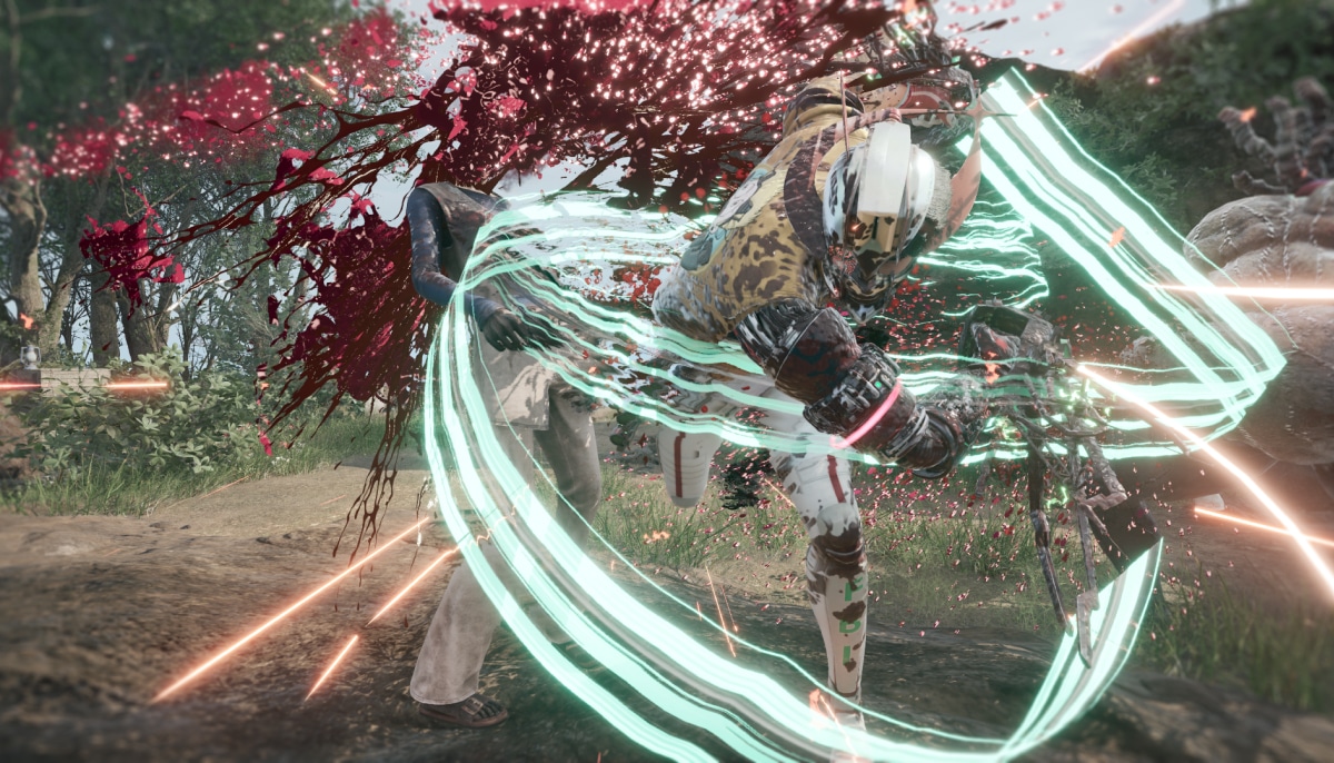 A stylized action scene from Romeo is a Dead Man showing the protagonist mid-attack, slashing an enemy with glowing energy effects, reflecting Suda51’s violent and uncompromising creative vision.
