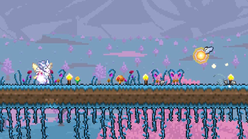 ピンク色のバイオームビジュアルを備えたTerrariaスカイブロックの表面積