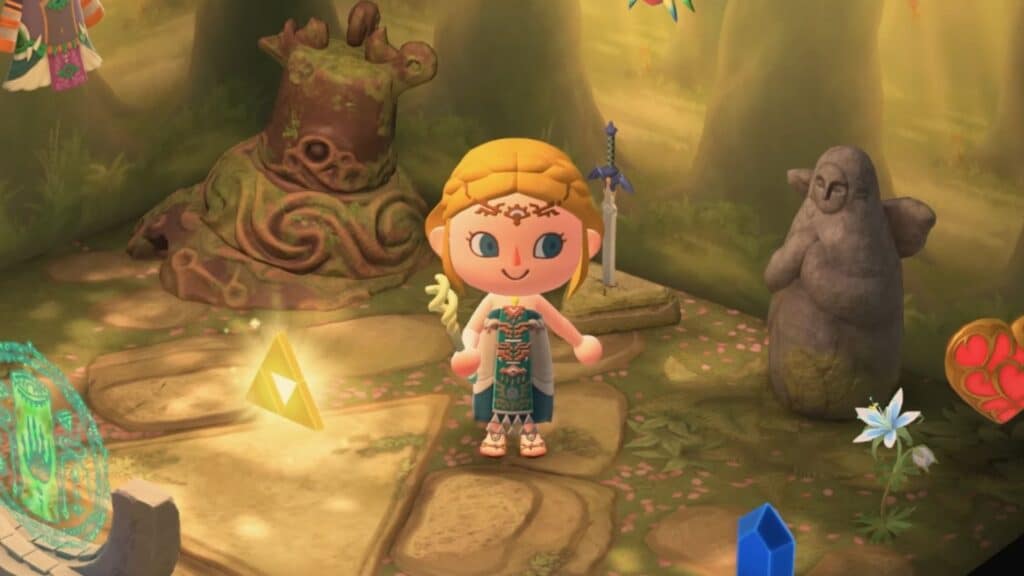『あつまれ どうぶつの森』でゼルダの伝説の衣装を着てクロスオーバー装飾を施したプレイヤーキャラクター