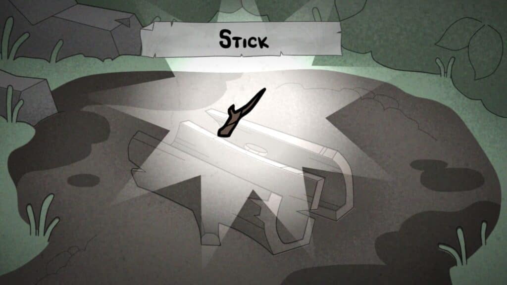 シーンには、切り倒された丸太の上に置かれた小さくて簡素な棒が、明るいスポットライトに照らされて描かれています。アートスタイルは、フラットで暗い輪郭の漫画風です。アイテムの上にあるバナーには、単に「STICK（棒）」と表示されています。周囲は薄暗く、沼地や森のような環境で、背景には岩や植物が広がっています。