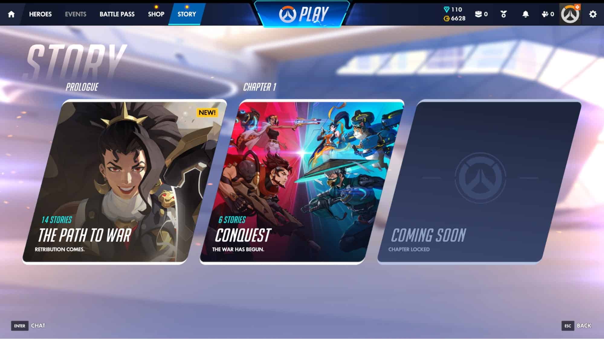 この画像は、ビデオゲーム「オーバーウォッチ」のメインメニューのスクリーンショットで、「ストーリー」セクションを示しています。インターフェースの上部には、「ヒーロー」、「イベント」、「バトルパス」、「ショップ」、そして選択された「ストーリー」タブのメニューオプションが表示されています。