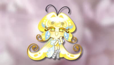 Sugarfly Cookie in Cookie Run Kingdom with glowing yellow butterfly wings and pastel blue accents, representing the top Sugarfly Cookie build focused on healing and support.