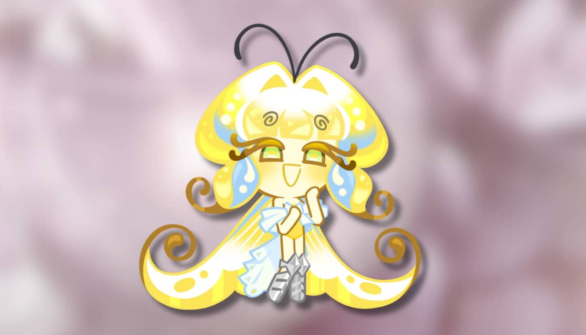 Sugarfly Cookie in Cookie Run Kingdom with glowing yellow butterfly wings and pastel blue accents, representing the top Sugarfly Cookie build focused on healing and support.