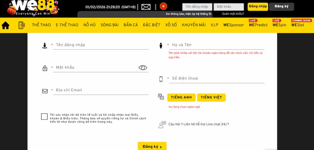 Điền thông tin vào biểu mẫu để tạo tài khoản thành viên tại We88