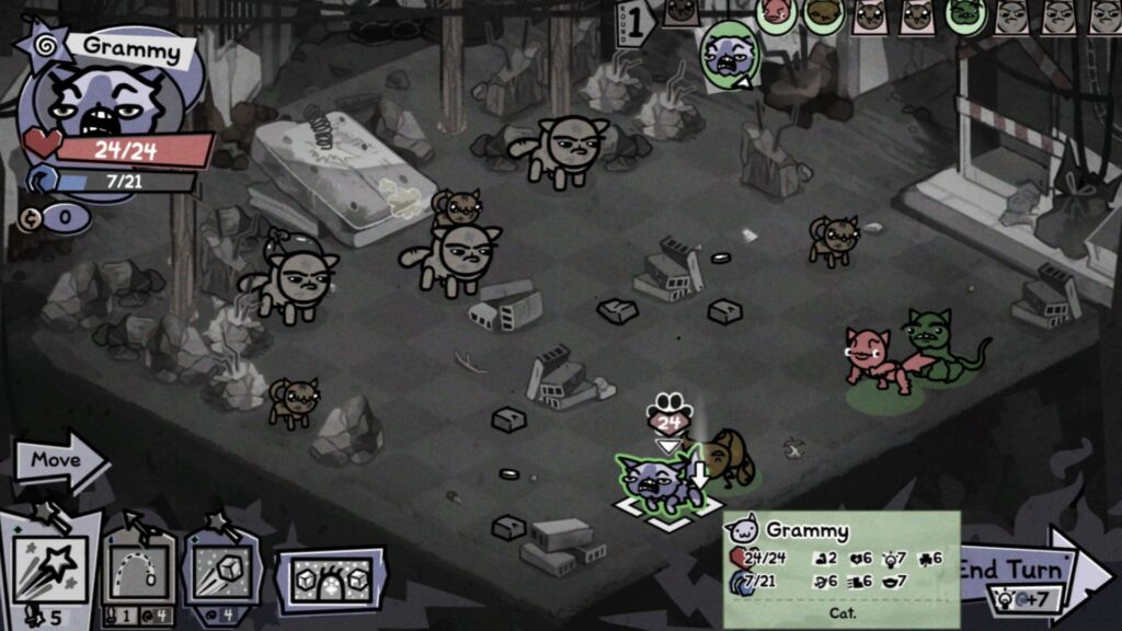 ビデオゲーム「Mewgenics」のスクリーンショット。荒廃した都市環境で、複数のミュータント猫とのターン制バトルが描かれている。画面上のテキストには、「Grammy」（HP24/24、ステータス7/21）というキャラクター、「移動」と「ターン終了」のボタン、その他の数値的なゲームインターフェース要素が含まれている。