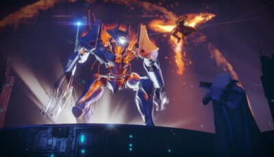 Destiny 2 gameplay showing a towering mechanical enemy attacking as Guardians fight back in a sci-fi arena