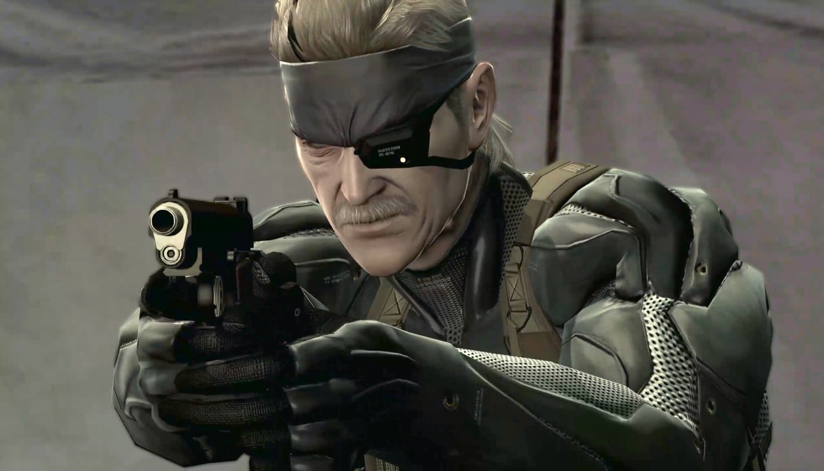 Solid Snake aims a pistol while wearing his signature bandana and eyepatch, representing early details about Metal Gear Solid Master Collection Volume 2.