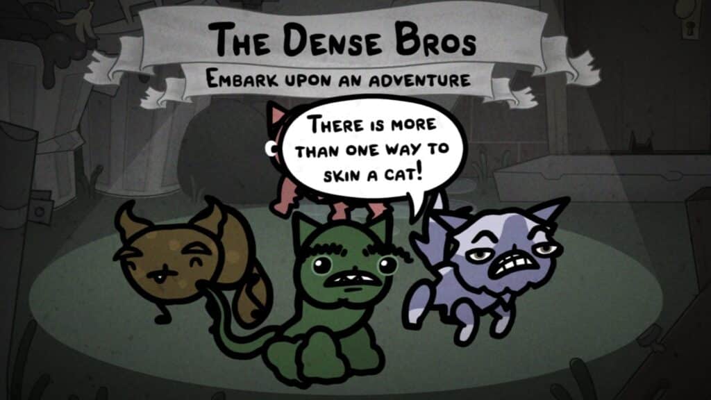 この画像は、エドマンド・マクミレンとタイラー・グレイエルが開発した、猫の繁殖をテーマにしたローグライク戦術RPG『Mewgenics』のプロモーション画像またはタイトル画面です。このシーンでは、暗く陰鬱な背景に、ややグロテスクな見た目の3匹の猫が描かれています。