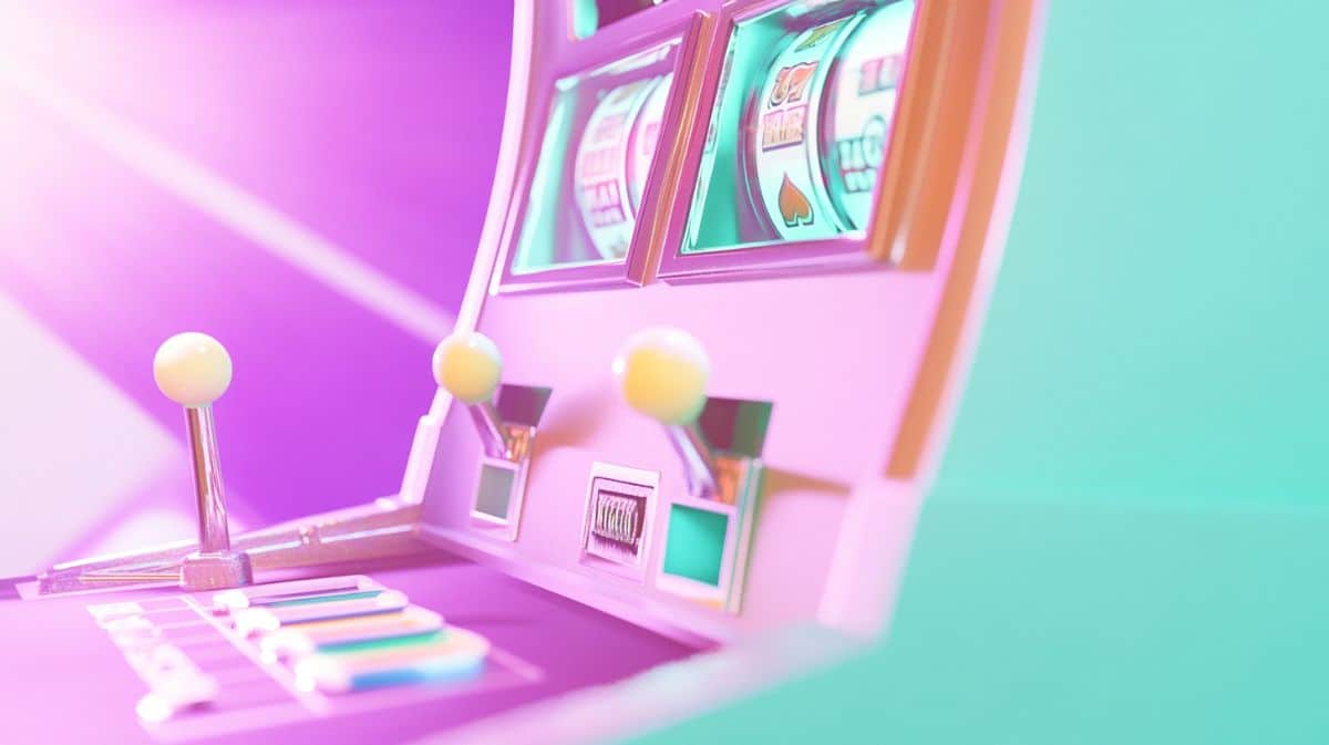 Casino slot machine with pastel green and purple - replicating Pulsz sister casinos
