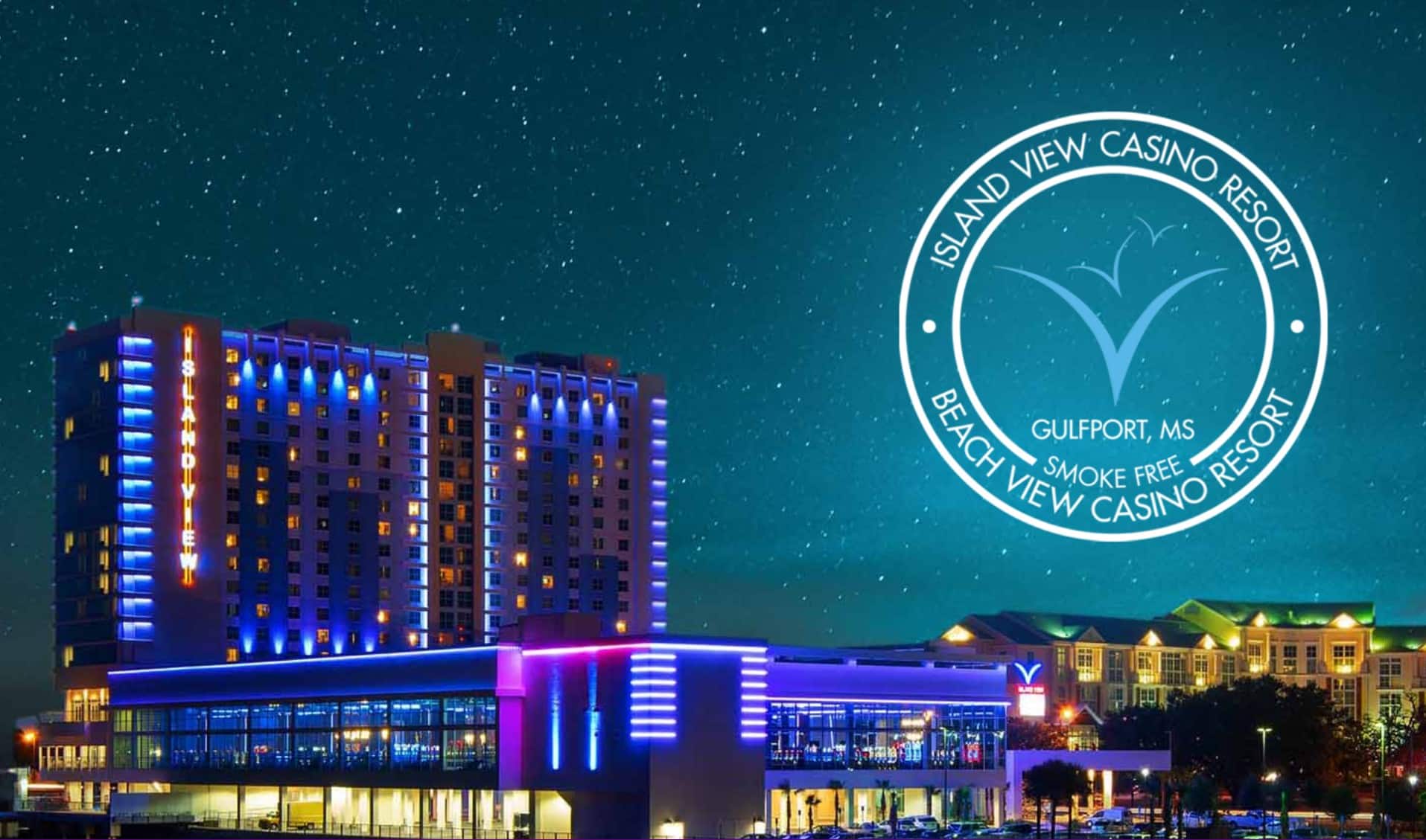 Nighttime exterior of Island View Casino Resort in Gulfport, Mississippi, with the hotel tower and casino building illuminated in blue and purple lights under a starry sky, alongside the Island View Casino Resort and Beach View Casino Resort logo.