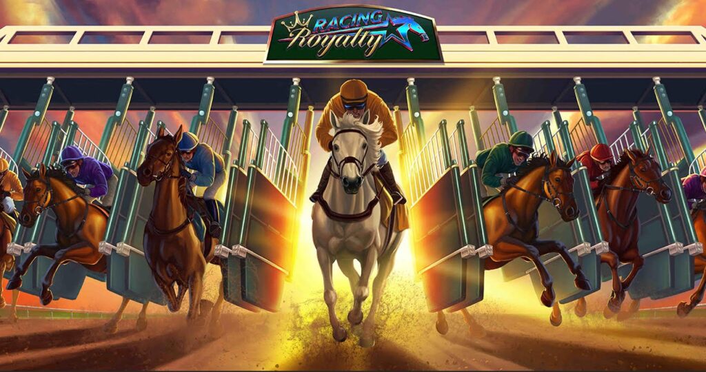 Illustrated scene of multiple jockeys riding racehorses bursting from starting gates under a “Racing Royalty” sign, with dust kicking up and warm sunset lighting behind them.