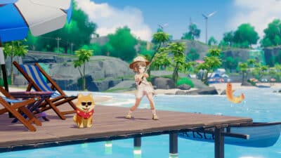 A stylized character fishes from a wooden dock in Starsand Island while a small dog in sunglasses sits nearby, with a bright beach, palm trees, and wind turbines in the background.