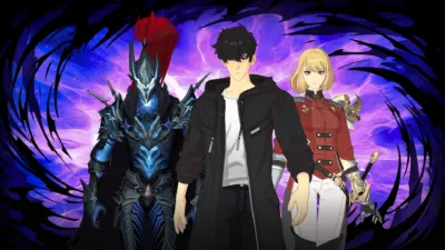 Promotional artwork showing three Solo Leveling characters — a black-haired man in a dark jacket, a blonde woman in a red military-style outfit with a sword, and a blue-armored knight with a red plume — standing against a purple energy vortex background.