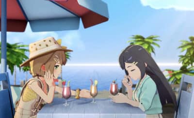 Two anime-style characters sit at a wooden table under a red-and-white beach umbrella, drinking colorful mocktails with fruit garnishes by the ocean, with palm trees in the background.