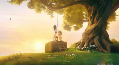 Two stylized characters stand on a wooden crate beneath a large tree at sunset, reaching toward a hanging lantern suspended from a branch in a grassy field.
