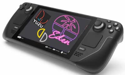 A Steam Deck handheld console displaying logos for Yuzu and other Nintendo Switch emulation tools alongside a neon-style “Eden” logo on its screen.