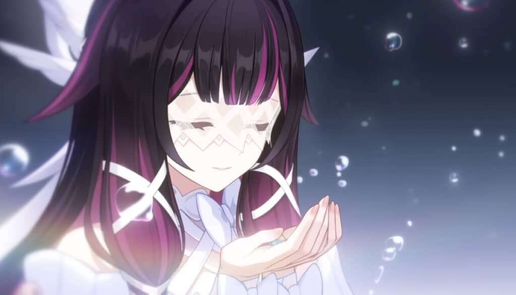 Girl with closed eyes holding glowing bubbles in a Genshin Impact cinematic scene