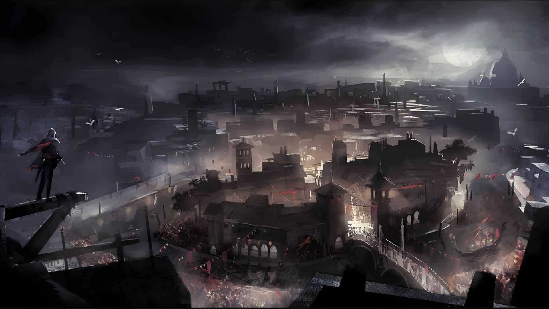 Concept art picture of an Assassin looking over Medieval Rome.