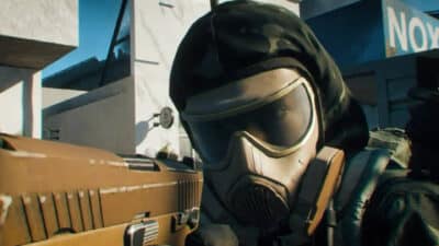 Image of a marine from Battlefield 6 close up, aiming down sights.