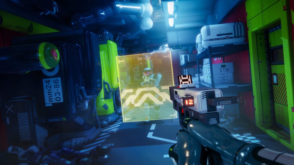 Destroyer Runner deploying energy shield barrier against enemy in Marathon corridor