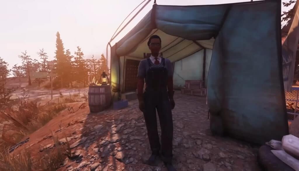 Minerva standing in front of her caravan tent in Fallout 76
