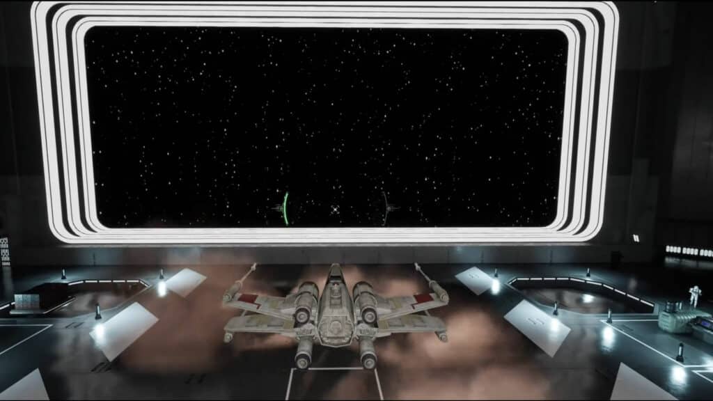 Image of an X-Wing inside a hanger, but in Fortnite's creative assets.