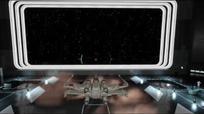 Image of an X-Wing inside a hanger, but in Fortnite's creative assets.