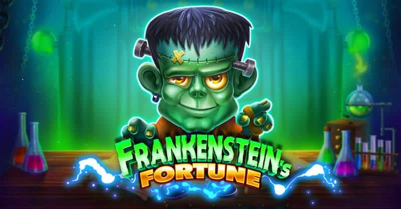 A cartoon-style green Frankenstein character stands in a glowing laboratory, pointing forward above the “Frankenstein’s Fortune” logo, with lightning effects and lab equipment in the background.