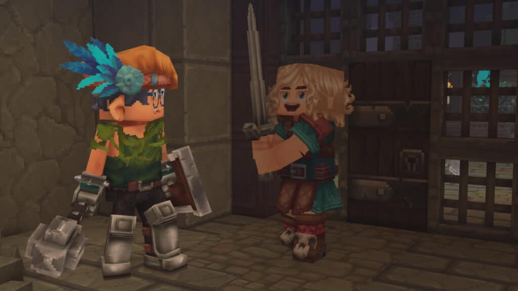 Two Hytale characters inside a base wielding a sword.