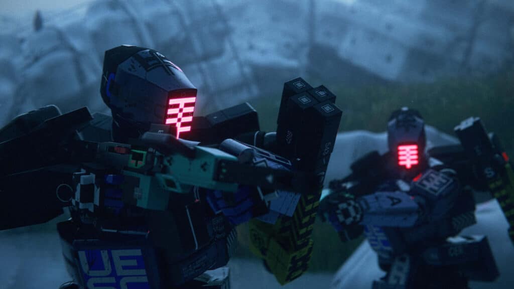 Multiple Rook Runners with glowing red visors scavenging in dark environment in Marathon