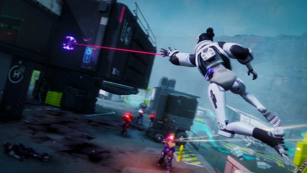 hief Runner using grappling hook in mid-air above futuristic city in Marathon
