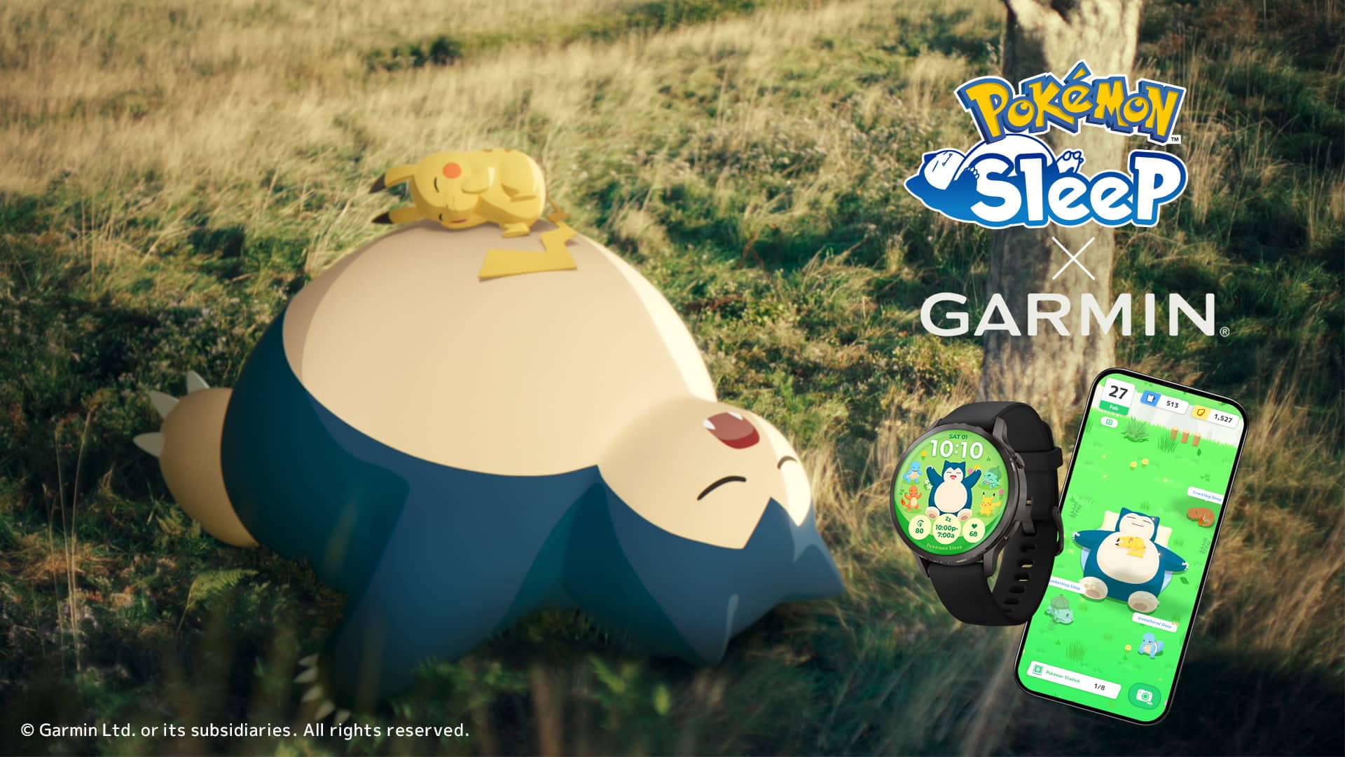 A large Snorlax with a sleeping Pikachu resting on its belly in a grassy field, alongside the Pokémon Sleep and Garmin logos, a Garmin smartwatch with a Snorlax watch face, and a phone displaying the Pokémon Sleep app.