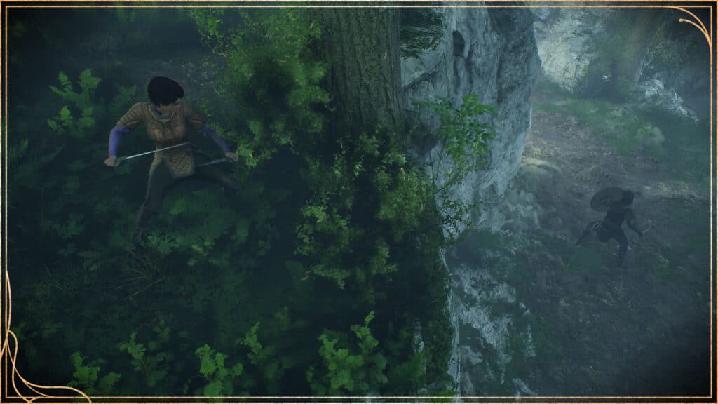 a rogue hiding in a  forest, waiting to ambush someone.