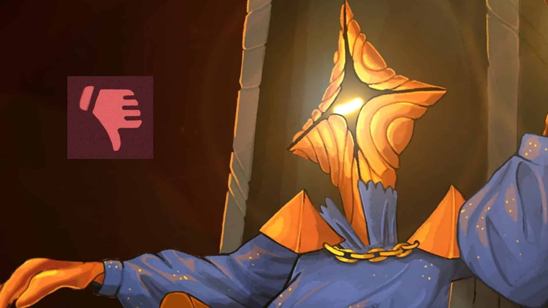 Picture of the Regeant from Slay The SPire 2, looking at the icon for negative review in Steam's review platform.