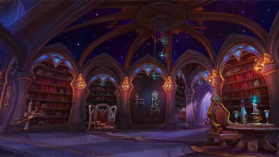 Image of the Silvermoon city raid, with a stunning blood elf library