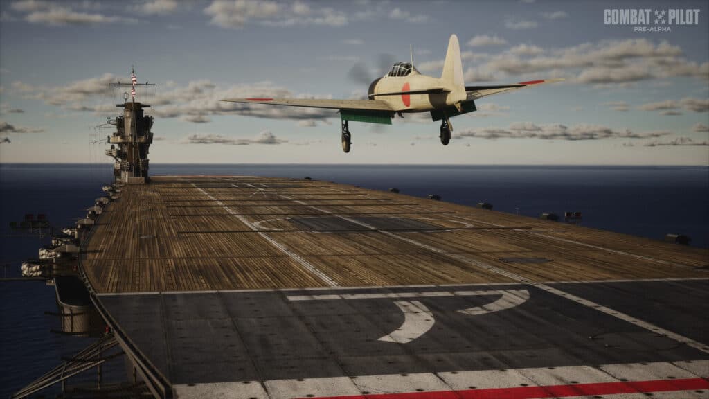 A Japanese Zero fighter aircraft approaches the wooden deck of an aircraft carrier for landing in Combat Pilot: Carrier Qualification, with the ocean and clouds visible beyond the ship.