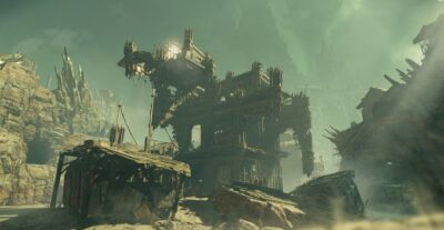 A ruined industrial structure rises from the rocky wastelands of Atoma Prime under a sickly green sky, surrounded by jagged cliffs and scattered debris.
