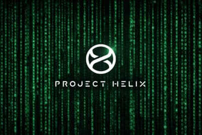A green “Matrix”-style background of cascading code with the Project Helix logo and the words “Project Helix” displayed in white in the center.