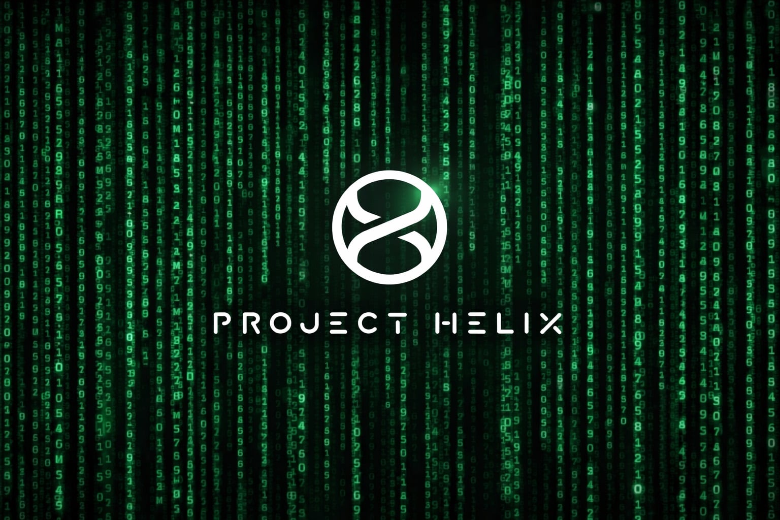 A green “Matrix”-style background of cascading code with the Project Helix logo and the words “Project Helix” displayed in white in the center.