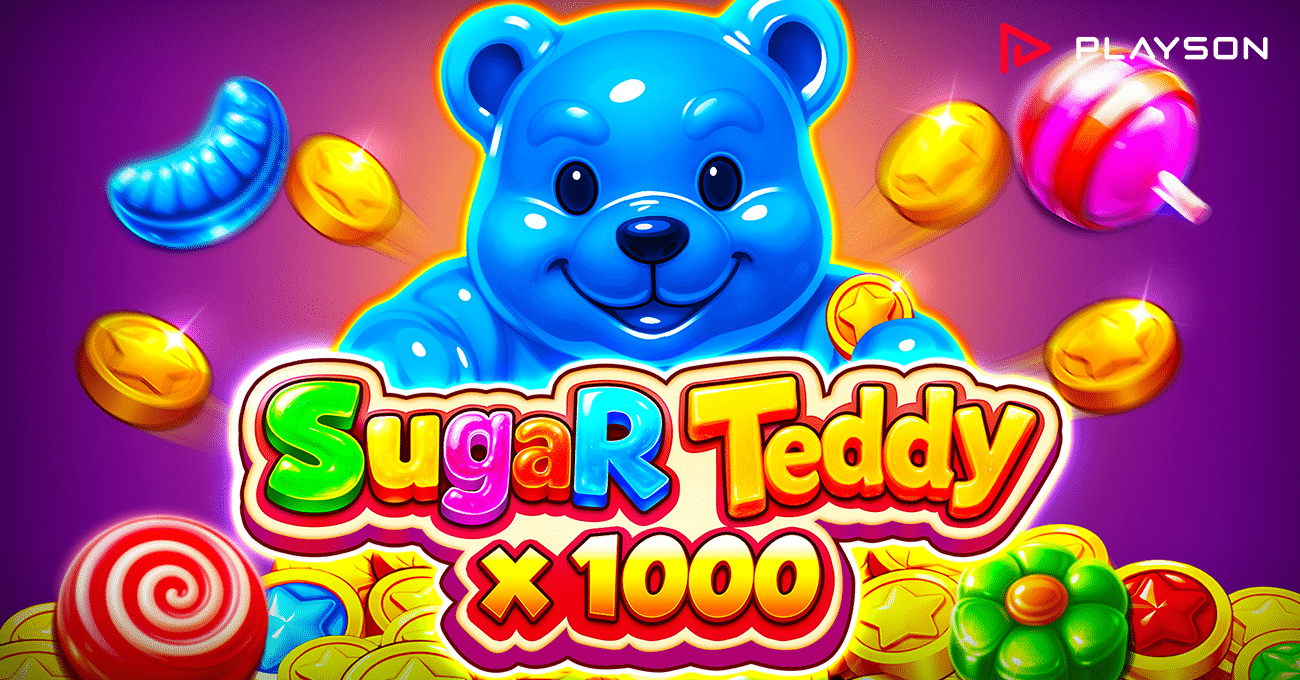 Promotional artwork for Sugar Teddy x1000 showing a smiling blue teddy bear above the colourful game logo, surrounded by candy and gold coins, with the Playson logo in the top-right corner.