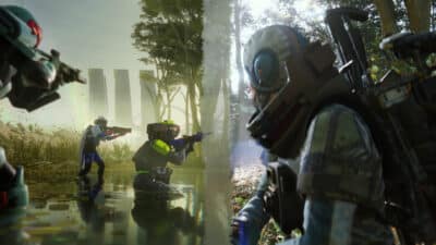 Split promotional image showing two extraction shooters side by side: on the left, three armored characters wade through shallow water in a forested area aiming rifles; on the right, a futuristic character in a helmet and tactical suit stands in a wooded environment with a weapon slung across their back.