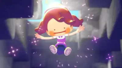 A cartoon girl with red pigtails falls through a glowing cave while purple sparkles float around her.