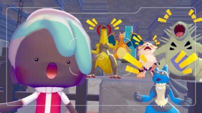 A chibi-style player character with pastel blue hair takes a selfie while several Pokémon—including Lucario, Arcanine, Tyranitar, Charizard, and Haxorus—pose behind them inside a stone ruin.