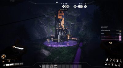 A Miner extracting SAM ore from a glowing purple node inside a cave in Satisfactory, with conveyor belts transporting the material away.