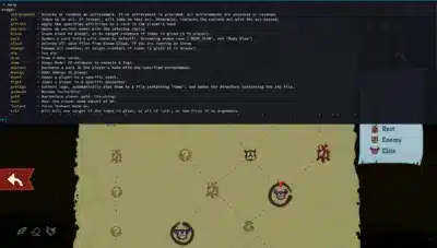 The Slay the Spire 2 map screen with the developer console open at the top, showing a list of commands such as achievement, act, afflict, block, and gold.