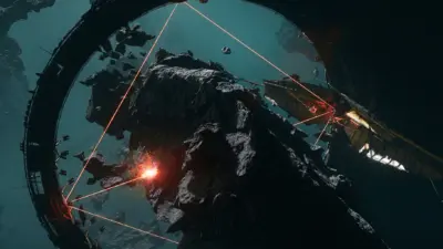 A large asteroid is being cut by multiple red laser beams from a surrounding industrial structure in space, with debris floating nearby.