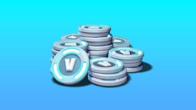 Stacks of blue Fortnite V-Bucks coins with the “V” symbol displayed on a bright blue background.